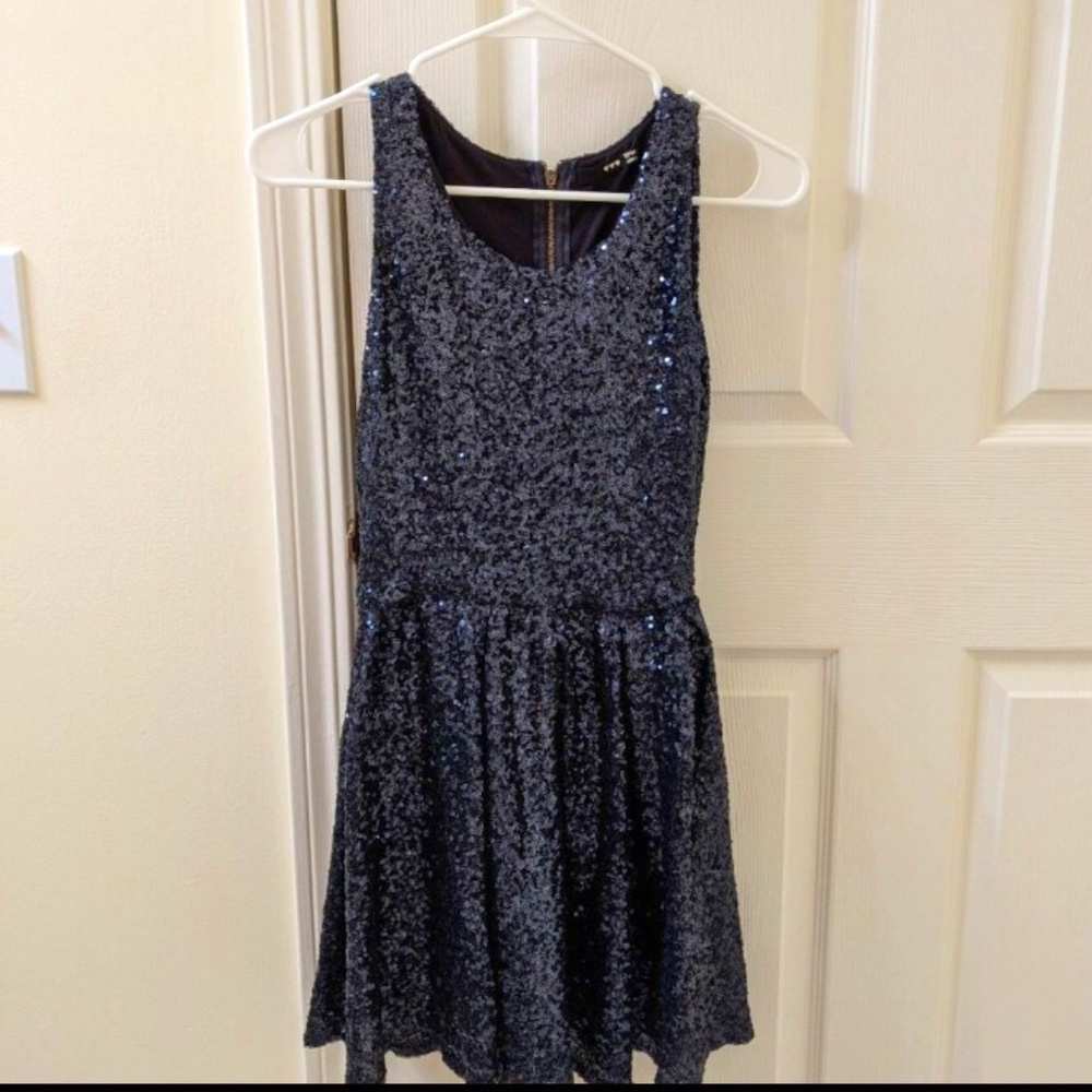 Midnight blue sequin skater style dress by TFNC